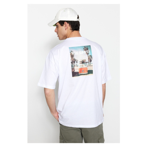 Trendyol White Oversize/Wide-Fit Landscape Printed Short Sleeve 100% Cotton T-Shirt