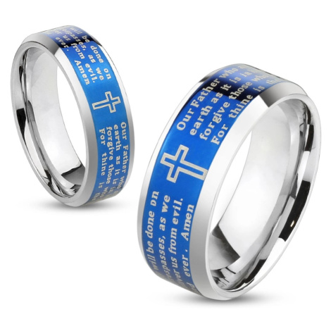 Lesklý prsten z oceli 316L, modrý pás s křížem a modlitbou, 8 mm Šperky eshop