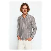 Trendyol A.Khaki Men's Slim Fit Button Collar Thin Striped Shirt