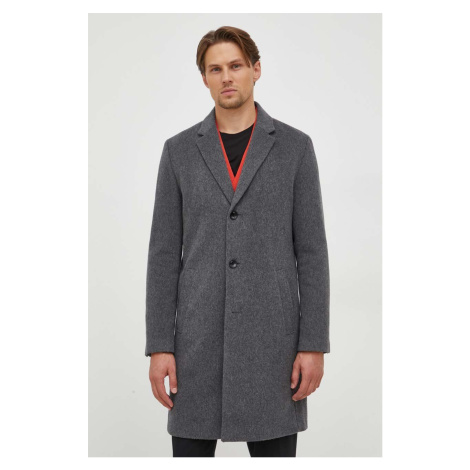 Vlněný kabát BOSS šedá barva, přechodný Hugo Boss