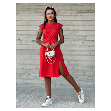 Červené midi šaty s rozparkem -red Červená BASIC