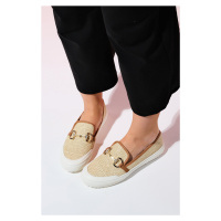LuviShoes BARCELOS Women's Beige Straw Buckle Loafer Shoes