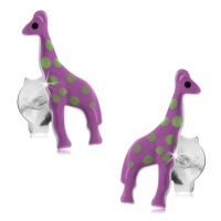Náušnice ze stříbra 925, fialová žirafa se světle zelenými skvrnami