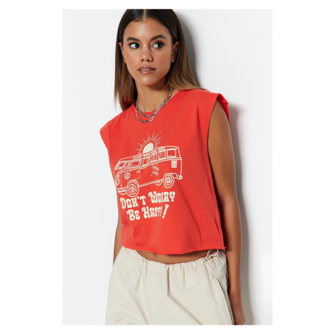 Trendyol Red 100% Cotton Printed Sleeveless Crop Crew Neck Knitted T-Shirt