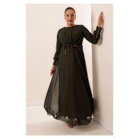 By Saygı Lined Long Chiffon Dress with Floral Detailed Waist Wide Sizes Dark Indigo.