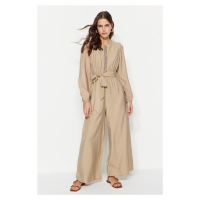 Trendyol Mink Belted Strip Detailed Wide Leg Woven Jumpsuit