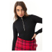 Lafaba Women's Black Long Sleeve Ribbon Flexible Flexible Snap Button Knitted Body.