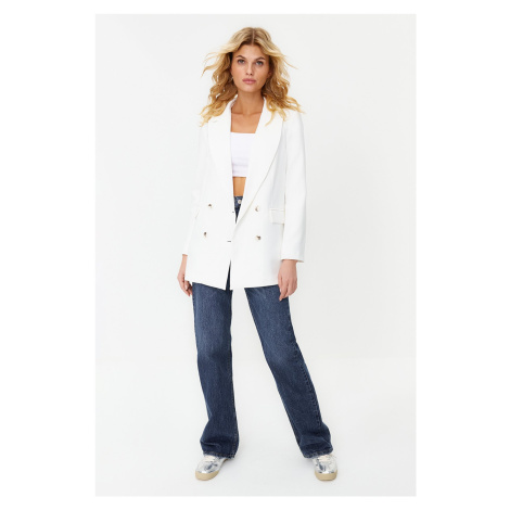 Trendyol White Oversize Lined Buttoned Woven Blazer Jacket