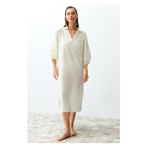 Trendyol Bridal Ecru Wide Fit Midi Woven Balloon Sleeve 100% Cotton Beach Dress