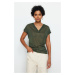 Trendyol Khaki V-Neck Linen-Looking Regular Fit Knitted T-Shirt