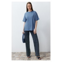 Trendyol Indigo 100% Cotton Double Sleeve Asymmetrical Boyfriend Knitted T-Shirt