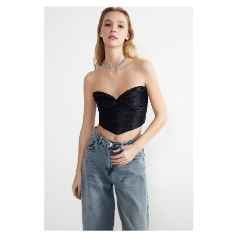 Trendyol Navy Blue Crop Knitted Shiny Bustier