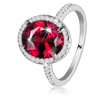 Stříbrný 925 prsten - oválný červený zirkon, čirá zirkonová obruba