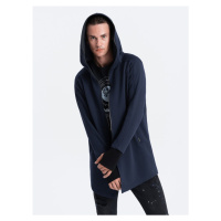 Longer men's unbuttoned sweatshirt with spacious hood PRAGA - navy blue B1369