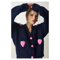 Happiness İstanbul Women's Navy Blue Strawberry Motif Oversize Knitwear Cardigan