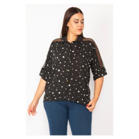 Şans Women's Plus Size Black Sleeve Blouse with Lace Detail and Metal Buttons