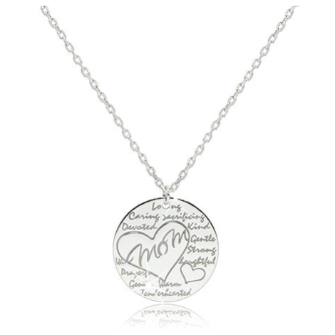 Rhodiovaný stříbrný náhrdelník 925 - lesklý kroužek s nápisem "Mom" v kontuře srdce Šperky eshop