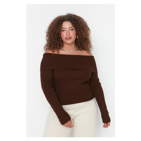 Trendyol Curve Brown Carmen Collar Pletený svetr