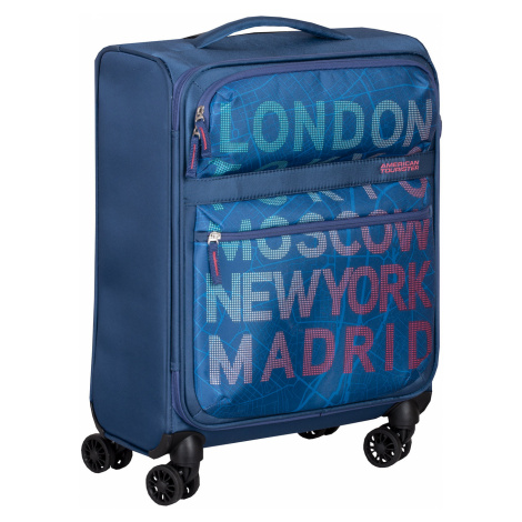 Modrý kufr na kolečkách s nápisy