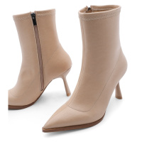 Marjin Women's Heeled Boots Pointed Toe Goblet Heels Daily Classic Boots Holes Beige.