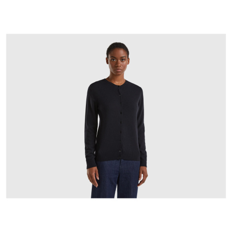 Benetton, Black Crew Neck Cardigan In Pure Merino Wool United Colors of Benetton