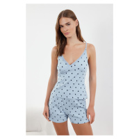 Trendyol Light Blue Cotton Heart Lace Detailed Rope Strap Ribbed Knitted Pajama Set