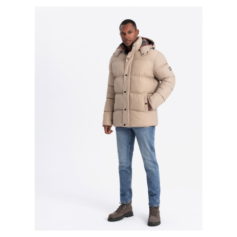 Ombre Men's puffer jacket with check lining - beige