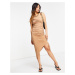 Flounce London one shoulder asymmetric midi dress with ruched side in mocha-Brown