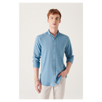 Avva Men's Indigo 100% Cotton Thin Soft Touch Buttoned Collar Long Sleeve Regular Fit Shirt