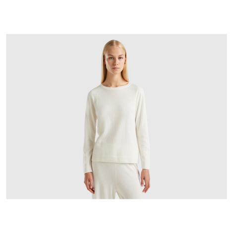 Benetton, Cream Crew Neck Sweater In Cashmere And Wool Blend United Colors of Benetton