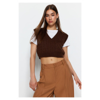 Trendyol Brown Crop Pletený svetr s výstřihem do V