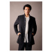 DEFACTO Men's Black Slim Fit Slim Fit Stand Collar Buttoned Pocket Lined Cashmere Coat Parka