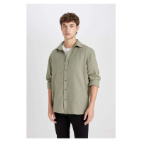 DEFACTO Men's Khaki Regular Fit Regular Cut Polo Collar Plain Cotton Long Sleeve Shirt