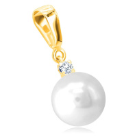 Zlatý 14K přívěsek - drobný kulatý zirkon, hladká bílá sladkovodní perla