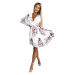 YSABEL - Bílé dámské plisované šaty se vzorem růží, výstřihem, dlouhými rukávy a páskem 415-2