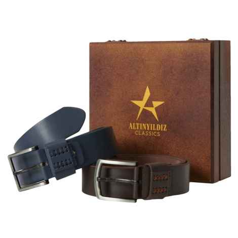 ALTINYILDIZ CLASSICS Men's Navy Blue-Brown Set of 2 Jeans Belt with Special Wooden Gift Box Groo AC&Co / Altınyıldız Classics