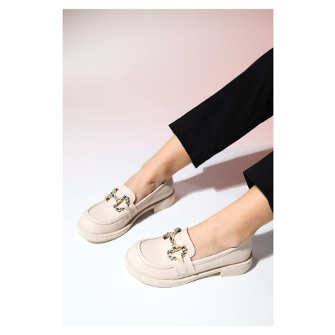 LuviShoes NORMAN Cream Skin Stone Buckle Women's Loafer Shoes