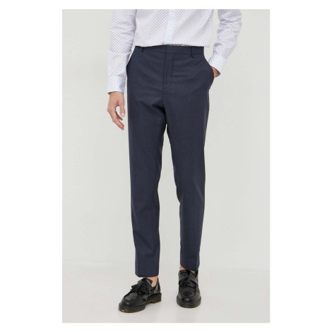 Vlněné kalhoty Calvin Klein tmavomodrá barva, jednoduché