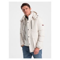 Men's winter jacket with detachable hood and cargo pockets - cream V2 OM-JAHP-0152