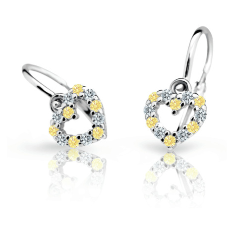 Dětské náušnice Danfil srdíčka C2157 z bílého zlata s kamínky Yellow, zapínání brizura