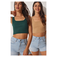 Happiness İstanbul Women's Biscuit Emerald Green Straps Crop 2-Pack Knitted Blouse