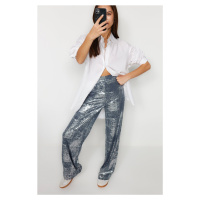 Trendyol Gray Foil Printed High Waist Wide Leg Flexible Knitted Trousers