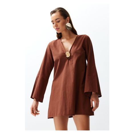 Trendyol Brown Mini Woven 100% Cotton Beach Dress with Premium Accessories