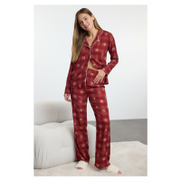 Trendyol Burgundy Winter Themed Plaid Piping Detailed Viscose Woven Pajama Set