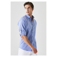 AC&Co / Altınyıldız Classics Men's Sax-Blue Comfort Fit Relaxed-Cut Buttoned Collar Casual Linen