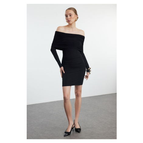 Trendyol Black Fitted Carmen Neckline Long Sleeve Stretchy Mini Knitted Dress