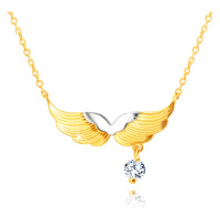 Zlatý kombinovaný náhrdelník 375 - andělská křídla, kulatý zirkon čiré barvy