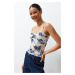 Trendyol Blue Floral Printed Adjustable Straps Special Textured Strappy Flexible Knitted Blouse