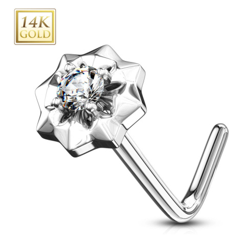 Zahnutý piercing do nosu z bílého 585 zlata - drobný čirý zirkon, hvězdička, 0,8 mm Šperky eshop