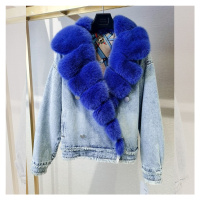 Dámská džínové bunda zimní s pravým kožíškem z lišky